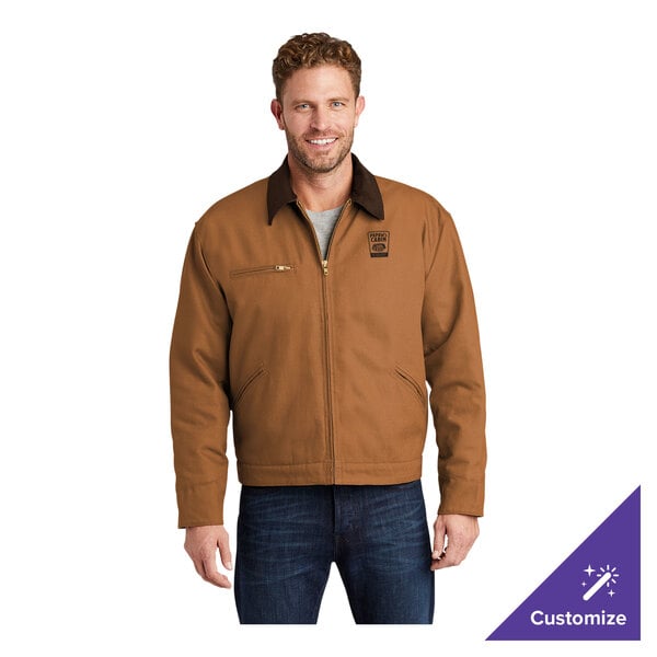 A brown duck cloth work jacket with a black corduroy collar, zip front, and customizable logo, shown in medium size.