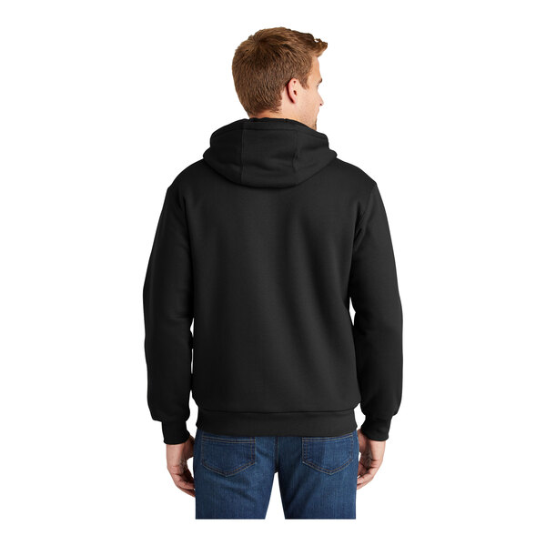 A man wearing a black CornerStone hooded sweatshirt with thermal lining.