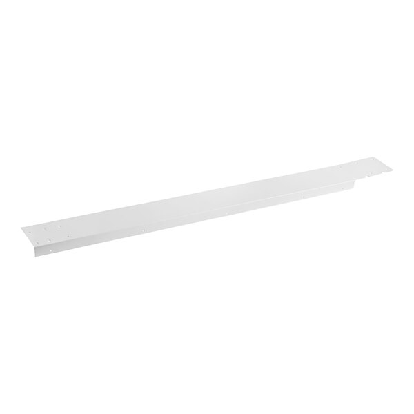 A white metal shelf support pilaster with a long, thin rod.