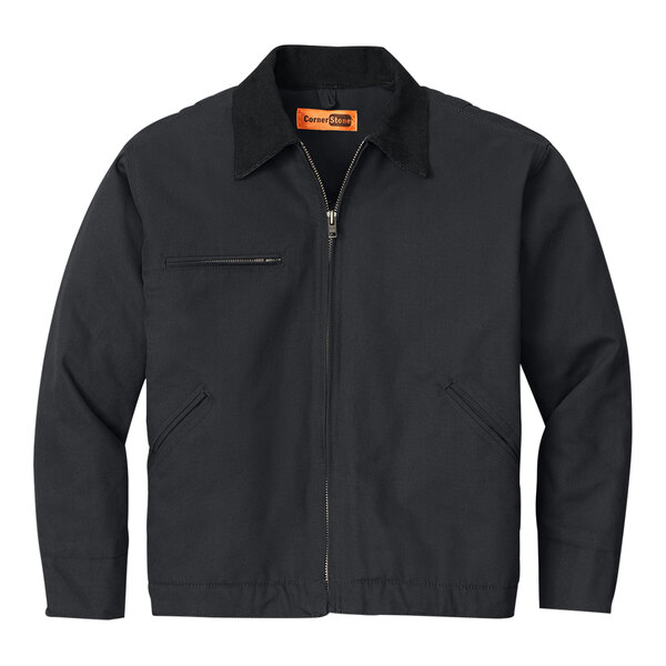 A CornerStone charcoal work jacket with black corduroy collar.