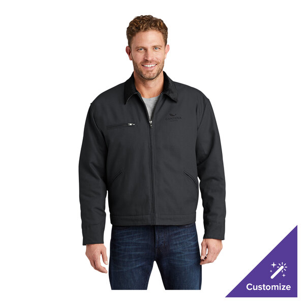 A unisex charcoal work jacket with a black corduroy collar, front zipper, and customizable chest area.