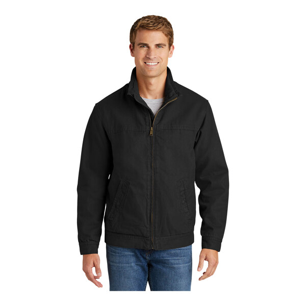 A man wearing a CornerStone black flannel-lined work jacket.