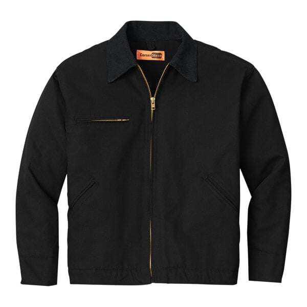 A black CornerStone work jacket with gold zippers.
