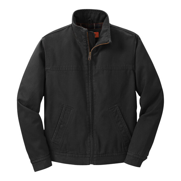 A CornerStone black work jacket with a black and orange zipper.