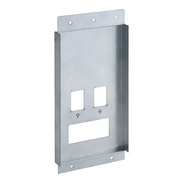 A metal wall plate with two holes and a metal frame.