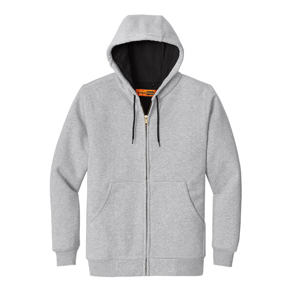 A CornerStone athletic heather grey zip up hoodie with a black hood and zipper.