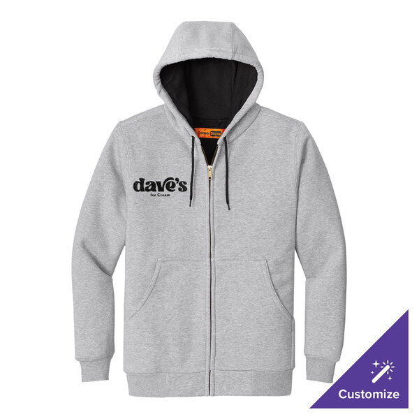A medium-sized unisex athletic heather full-zip hooded sweatshirt with thermal lining and customizable logo on the chest.