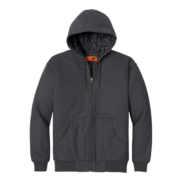 A CornerStone charcoal work jacket with a black hood.