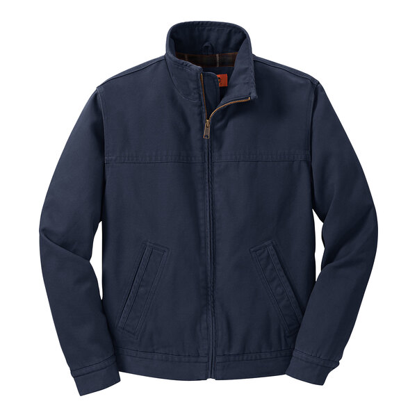 A navy CornerStone work jacket with a blue and orange zipper.