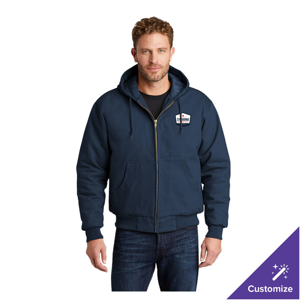 A navy blue unisex hooded work jacket with a front zipper and customizable logo on the chest.