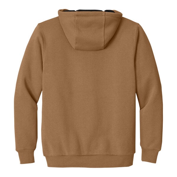 A brown CornerStone hooded sweatshirt with a black hood.