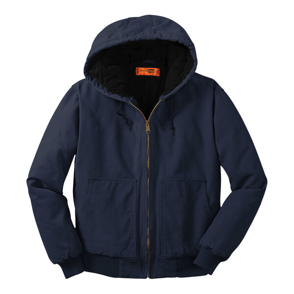 A navy CornerStone work jacket with a hood and zipper.