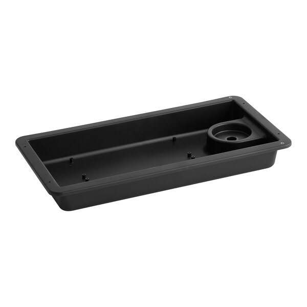 An Avantco upper condensate pan, a black rectangular tray with a hole and screws.
