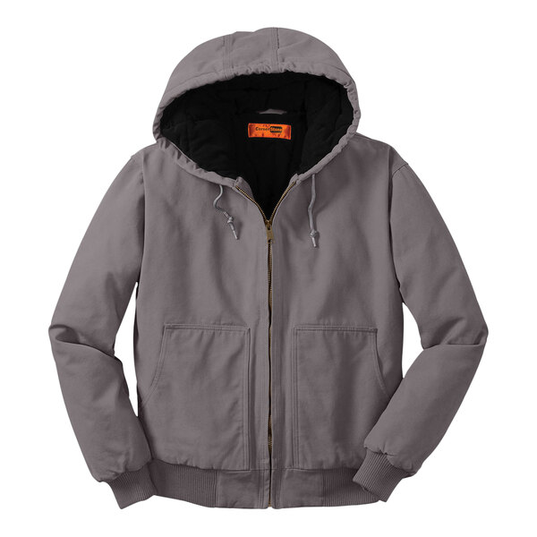 A CornerStone grey washed duck cloth work jacket with a black hood.