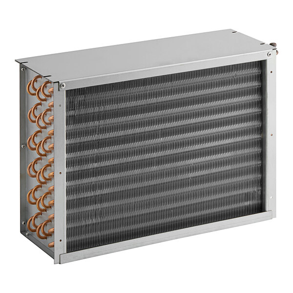 A metal box with a copper condenser coil inside.