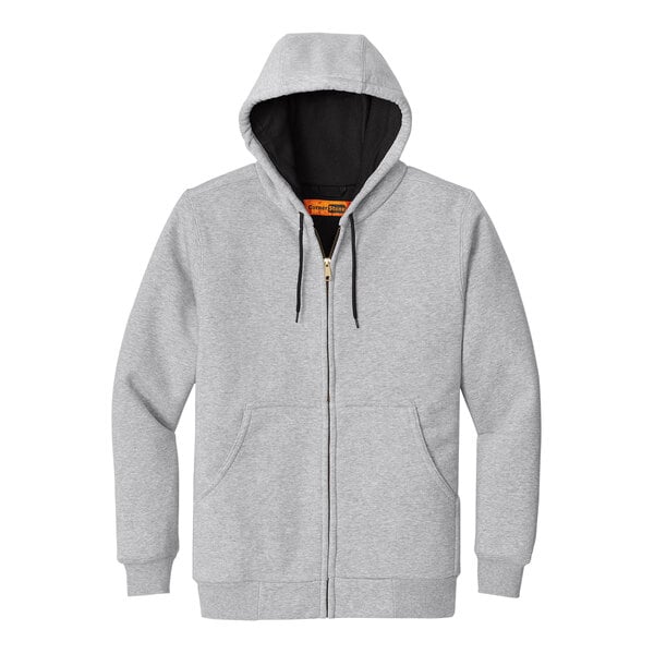 A CornerStone athletic heather grey zip up hoodie with black accents.