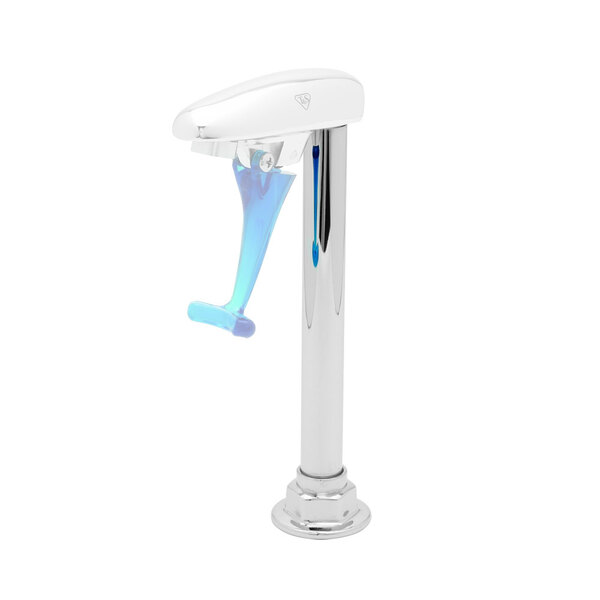 A silver T&S pedestal and flange assembly with blue accents.