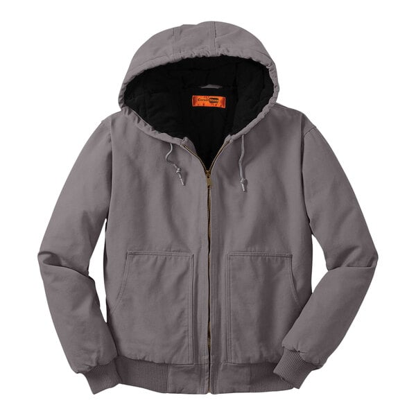 A CornerStone metal grey hooded work jacket with black lining.