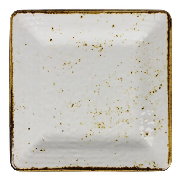 A white square Steelite International melamine plate with brown speckles.