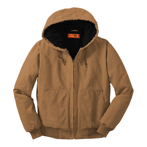 A CornerStone brown washed duck work jacket with a black hood and lining.