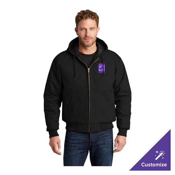 A black unisex hooded work jacket in extra large size with a customizable logo on the chest.