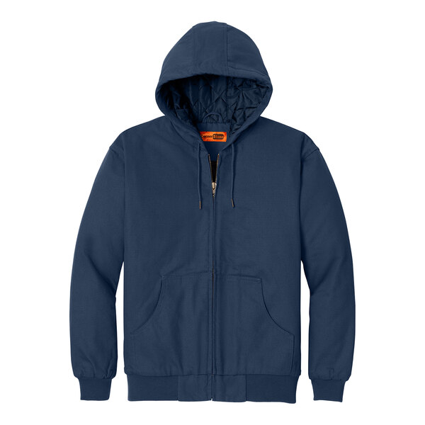 A CornerStone unisex navy work jacket with a hood.