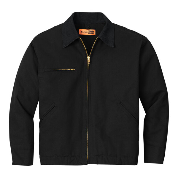 A black CornerStone work jacket with gold zippers.