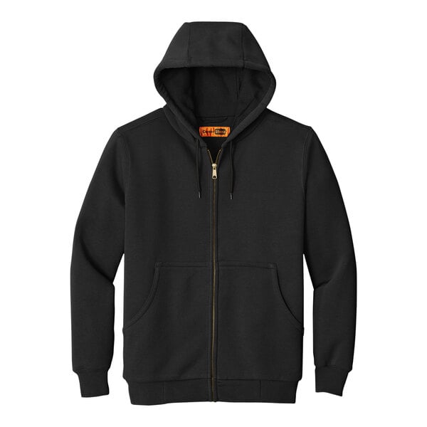 A black CornerStone full-zip hooded sweatshirt with thermal lining and an orange zipper.
