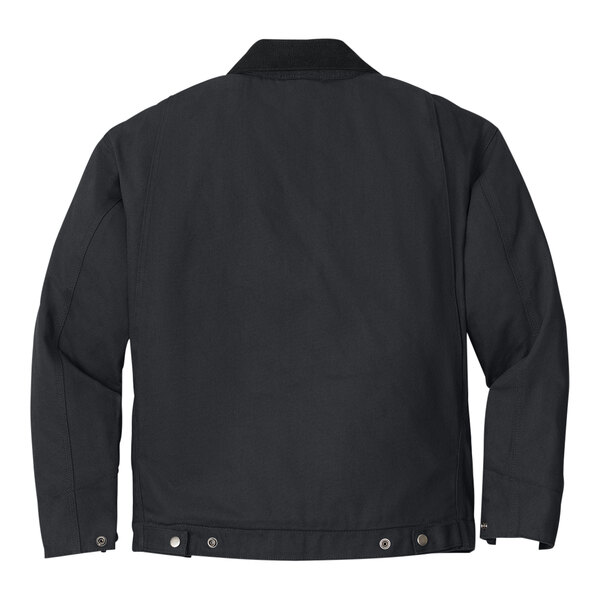 The back of a black CornerStone work jacket with a black corduroy collar.