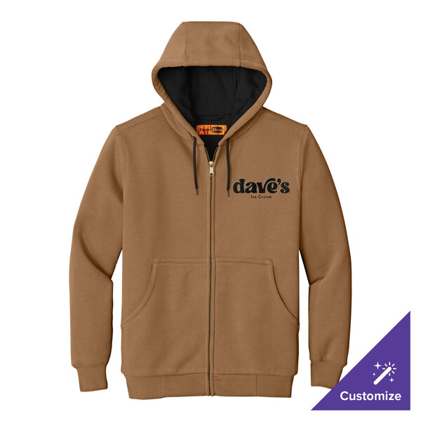 A brown full-zip hooded sweatshirt with thermal lining and customizable logo on the chest.