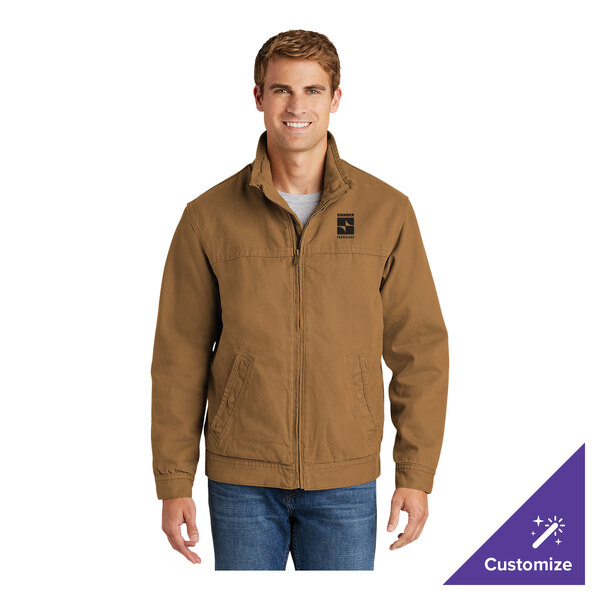 A brown flannel-lined work jacket in a unisex design, shown in size large.