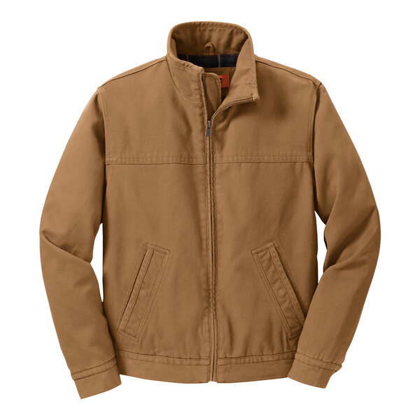 A brown CornerStone work jacket with a zipper and white flannel lining.