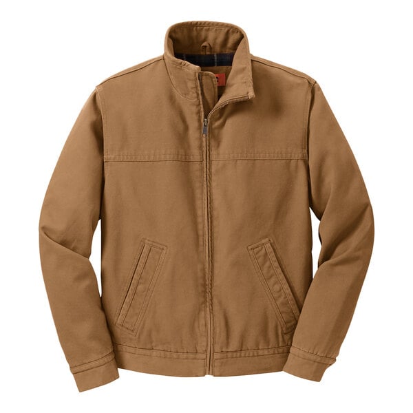 A CornerStone brown washed duck cloth work jacket with a zipper and flannel lining.