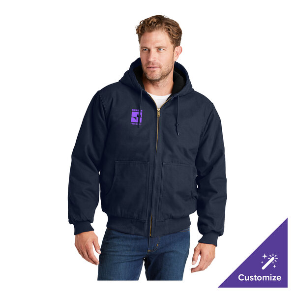 A navy blue unisex hooded work jacket with a front zipper and customizable logo, shown in medium size.
