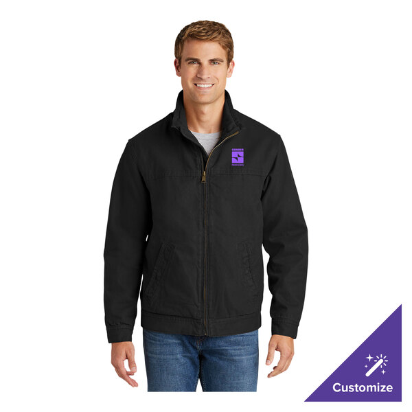 A black unisex flannel-lined work jacket with a customizable logo on the chest.