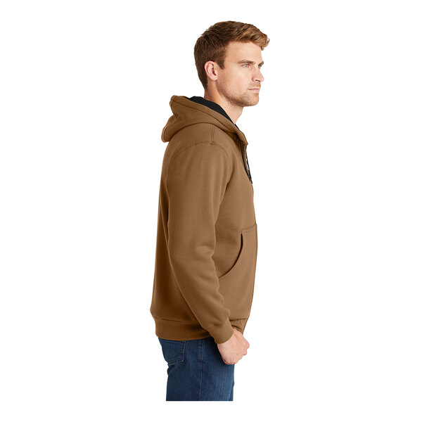 A man wearing a brown CornerStone hooded sweatshirt with a zipper.