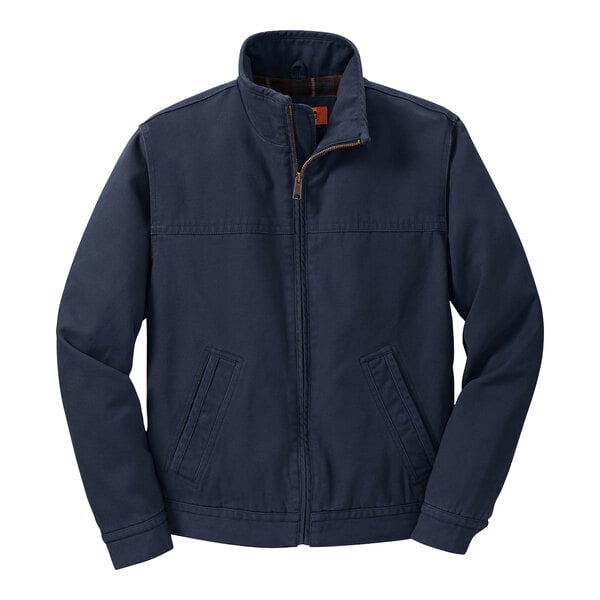 A navy CornerStone work jacket with a blue and orange zipper.