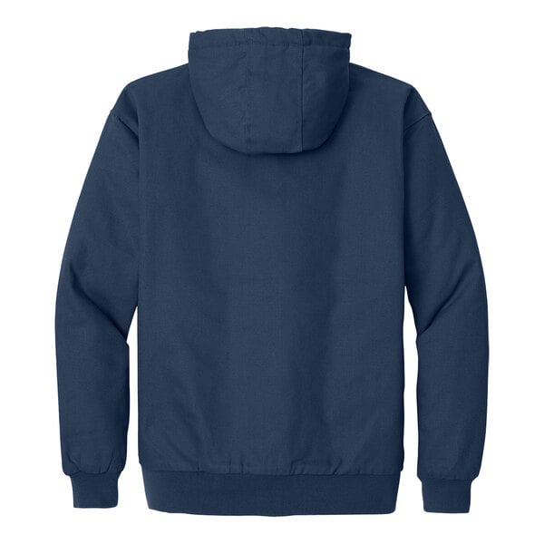 A CornerStone navy duck cloth work jacket with a hood.