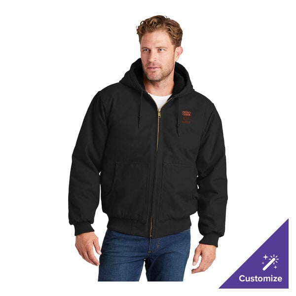 A black unisex hooded work jacket with a front zipper and customizable chest area.