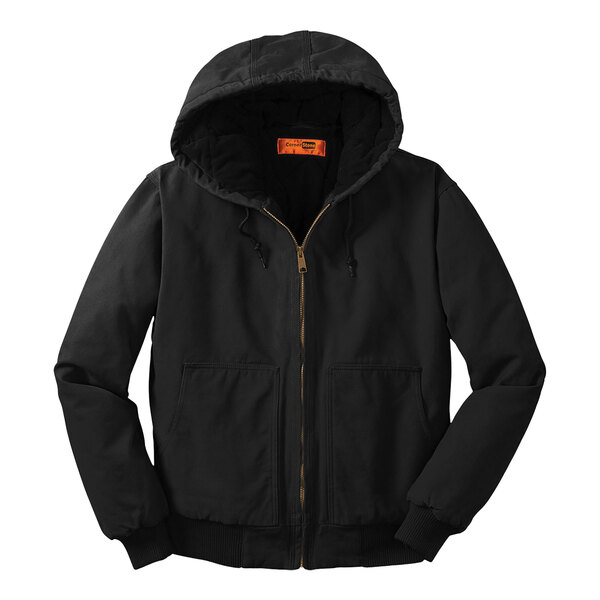 A CornerStone black washed duck cloth insulated work jacket with a hood.