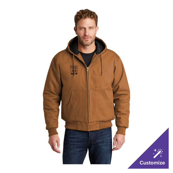 A brown hooded work jacket with a front zipper and two pockets, modeled by a man.