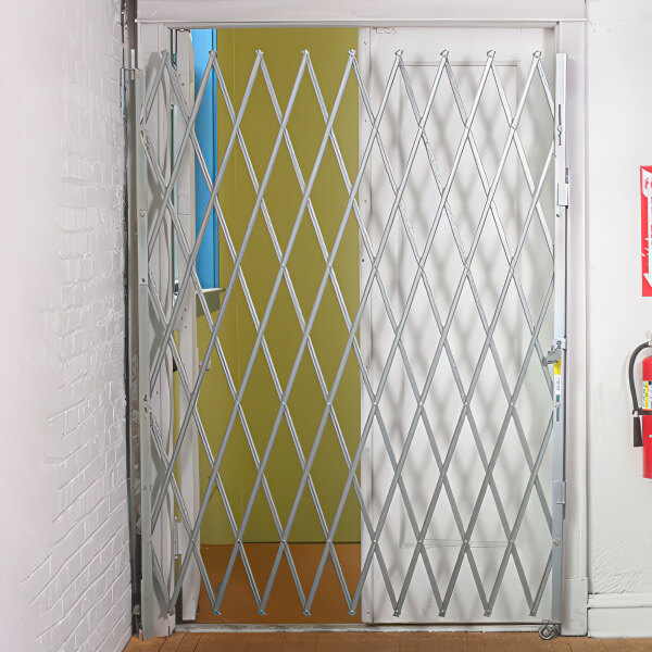 A door with an Illinois Engineered Products heavy-duty steel security gate.