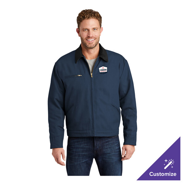 A navy unisex work jacket with a black corduroy collar, zippered chest pocket, and customizable logo on the chest.