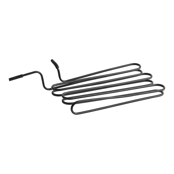 A close-up of black metal rods with a black wire on a white background.