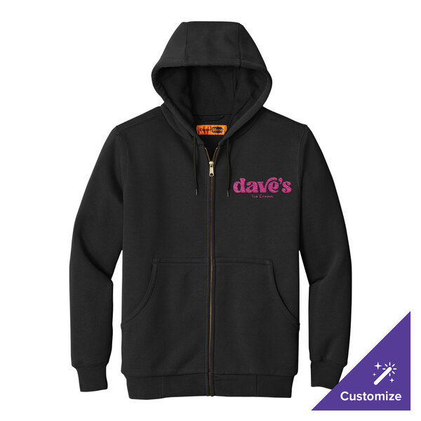 A black full-zip hooded sweatshirt with thermal lining and customizable text on the chest.