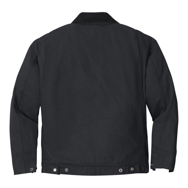 A back view of a CornerStone black work jacket with black corduroy collar.