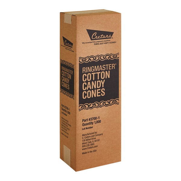 A white cardboard box of Cretors cotton candy cones.