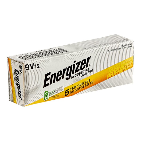 A white and yellow box of 12 Energizer Industrial 9V Alkaline Batteries.