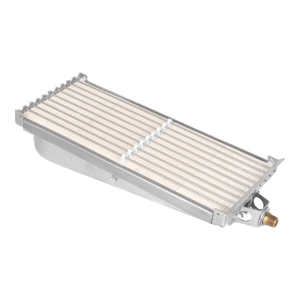 A metal Optimal Automatics mini Autodoner burner with white strips.