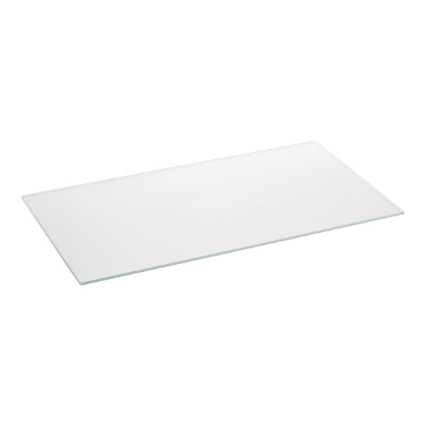 A rectangular glass shelf with metal brackets.